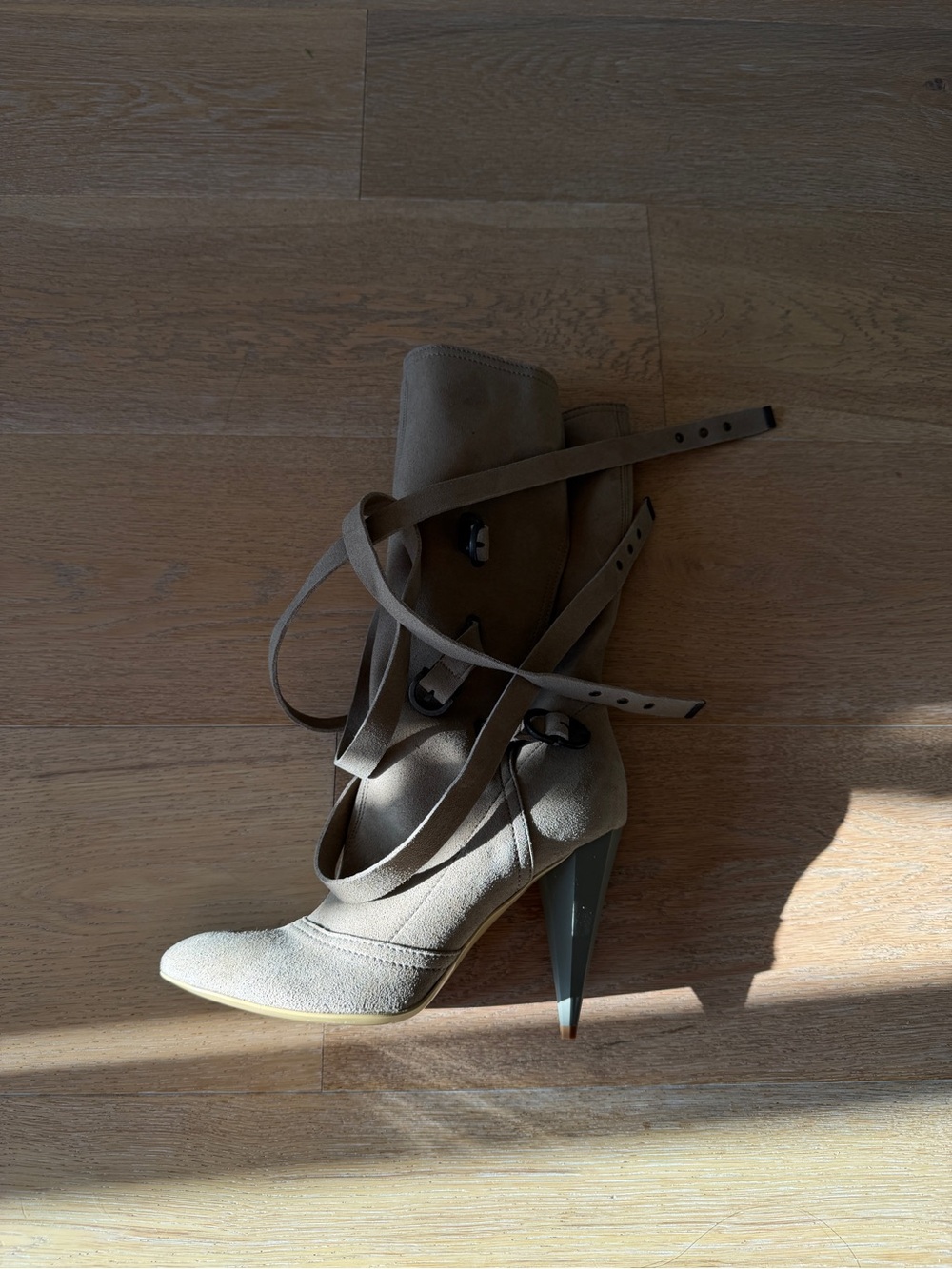 Stella McCartney Suede Mid-Calf Buckled Stiletto Boot in Taupe - Picture 5 of 8